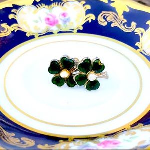 Vintage Guilloche Enamel Shamrock Earrings